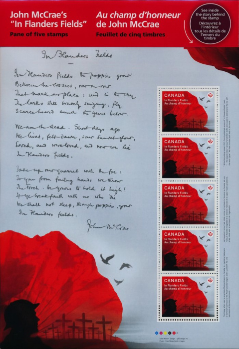 (№2015-3259) Лист марок Канада 2015 год &quot;Во Фландрии полях стихотворения Джон Маккрэй&quot;, Гашеный