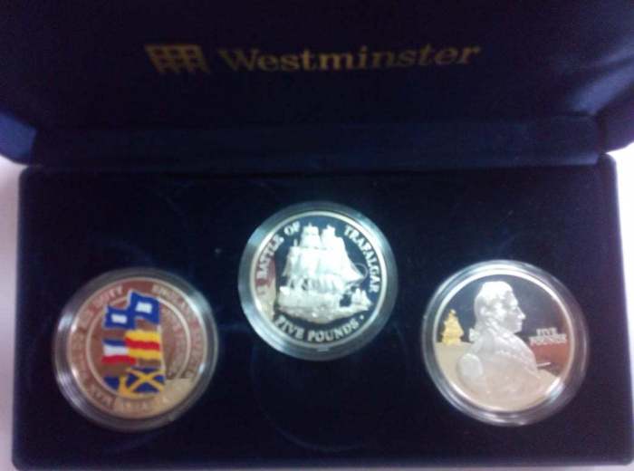 (2005, 3м) Набор монет Олдерни, Джерси, Гернси 2005 год &quot;Трафальгарское сражение&quot;В коробке  PROOF
