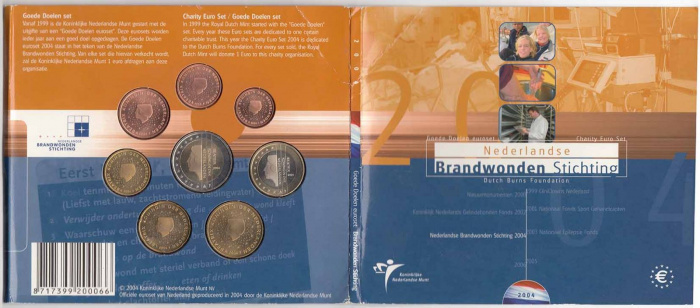 Набор монет Евро Нидерланды 2004 год &quot;Нидерландский Благотворительный Фонд Ожогов&quot; В буклете, AU