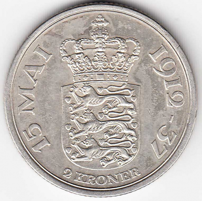 (1937) Монета Дания 1937 год 2 кроны &quot;Кристиан X. 25 лет коронации&quot;  Серебро Ag 925  UNC
