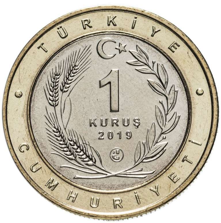 (2019) Монета Турция 2019 год 1 куруш &quot;Рябинник&quot; Внешнее кольцо жёлтое Биметалл  UNC
