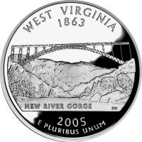 (035s, Ag) Монета США 2005 год 25 центов "Западная Виргиния"  Серебро Ag 900  PROOF