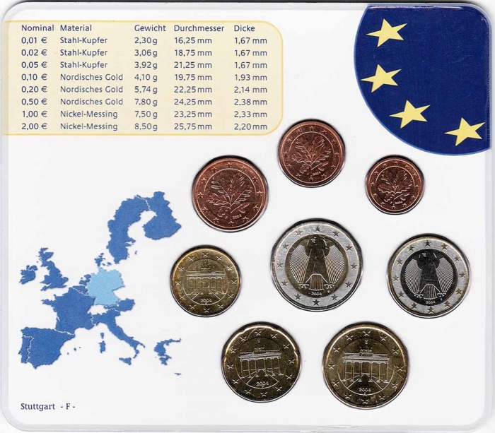 (2004f, 8 монет) Набор монет Германия (ФРГ) 2004 год    Блистер