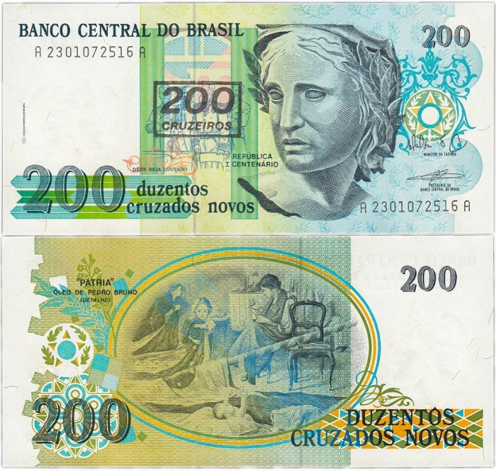1990 Банкнота Бразилия 1990 год 200 крузейро Надп на 200 новых крузадо 1989   UNC