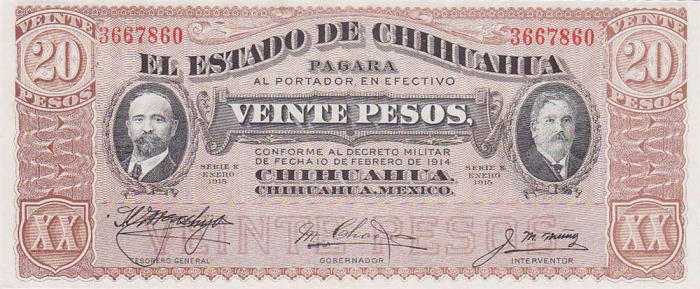 (1915) Банкнота Мексика (Чиуауа) 1915 год 20 песо    UNC