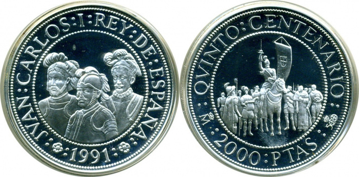 (1991) Монета Испания 1991 год 2000 песет &quot;Открытие Америки. 500 лет&quot;  Серебро Ag 925  PROOF