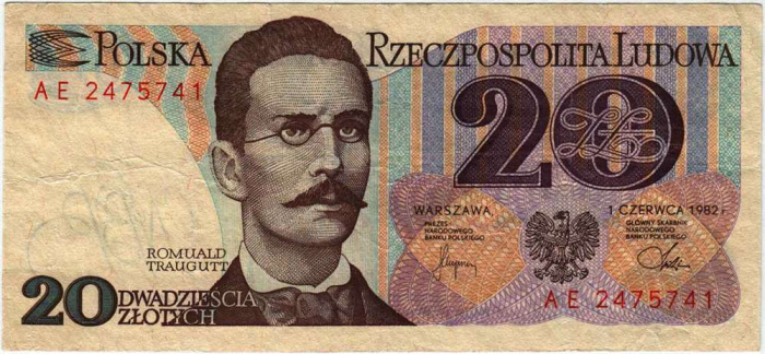 (1982) Банкнота Польша 1982 год 20 злотых &quot;Ромуальд Траугутт&quot;   XF
