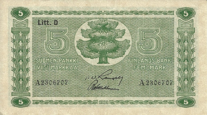 (1939 Litt D) Банкнота Финляндия 1939 год 5 марок  Rangell - Wahlman  UNC