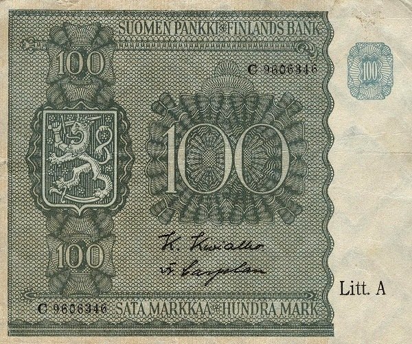 (1945 Litt A) Банкнота Финляндия 1945 год 100 марок    UNC
