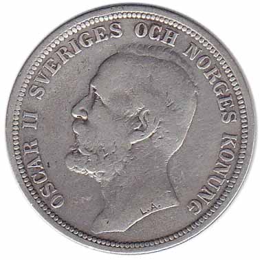 (1890) Монета Швеция 1890 год 2 кроны &quot;Оскар II&quot;  Серебро Ag 800  VF