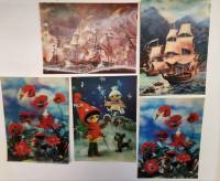 Набор стерео открыток переливных 5 шт Корабли Цветы Мультфильм