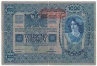 1919 Банкнота Австро-Венгрия 1919 год 1 000 крон Горизонт надпечатка на боне 1902 года   VF