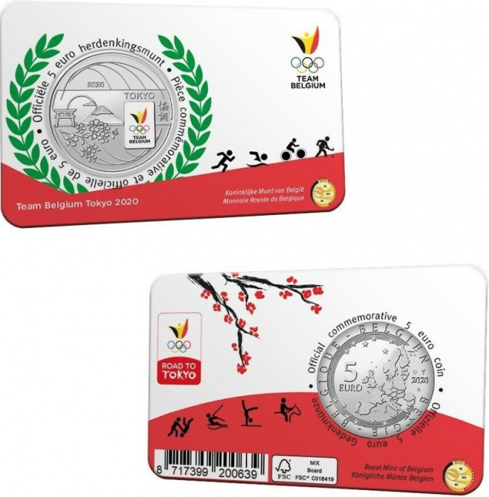 (18) Монета Бельгия 2020 год 5 евро &quot;XXXII Летняя олимпиада Токио 2020&quot;  Медь-Никель  Coincard Color