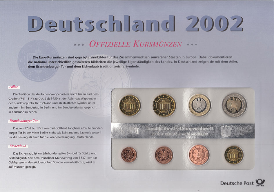 (2002f, 8 монет + марки) Набор монет Германия (ФРГ) 2002 год &quot;Годовой набор&quot;   PROOF Буклет
