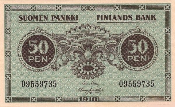 (1918) Банкнота Финляндия 1918 год 50 пенни  Clas von Collan - Hisinger-Jagerskiold  UNC