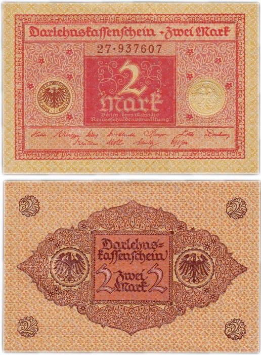 (1920) Ссудный чек Германия 1920 год 2 марки &quot;Красный&quot;   XF