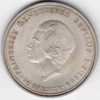 (1968) Монета Дания 1968 год 10 крон "Свадьба Фредерика IX и Бенедикты"  Серебро Ag 500  XF
