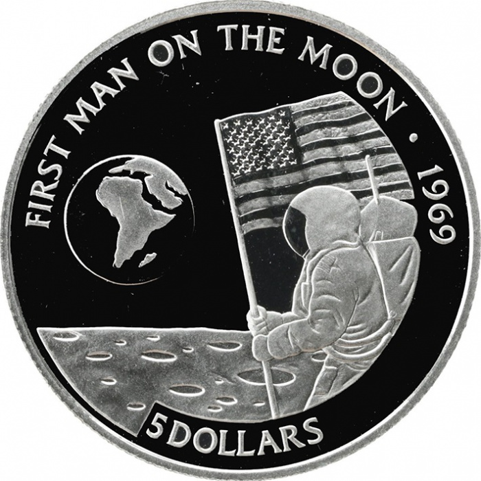 (1991) Монета Острова Кука 1991 год 5 долларов &quot;Первый человек на Луне&quot;  Серебро Ag 500  PROOF