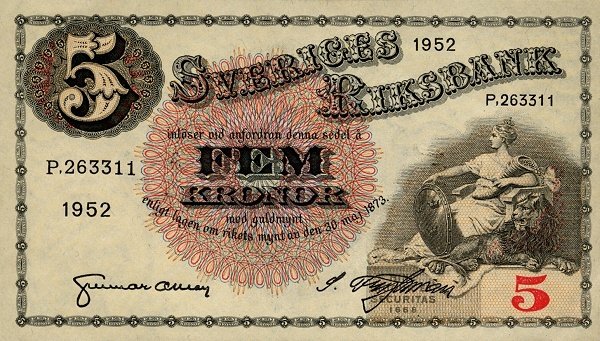 (,) Банкнота Швеция 1952 год 5 крон &quot;Густав I Васа&quot;   UNC