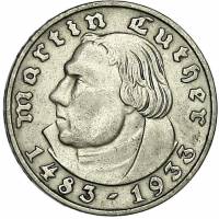 (1933d) Монета Германия (Рейх) 1933 год 2 марки "Мартин Лютер 450 лет рождения"  Серебро Ag 625  XF