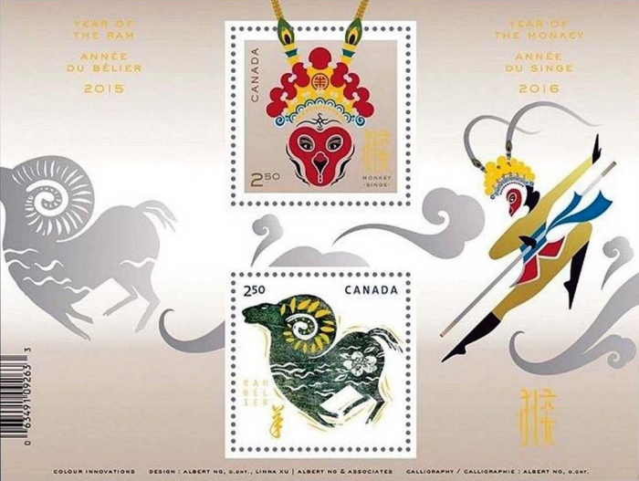 (№2016-229) Блок марок Канада 2016 год &quot;Год обезьяны&quot;, Гашеный