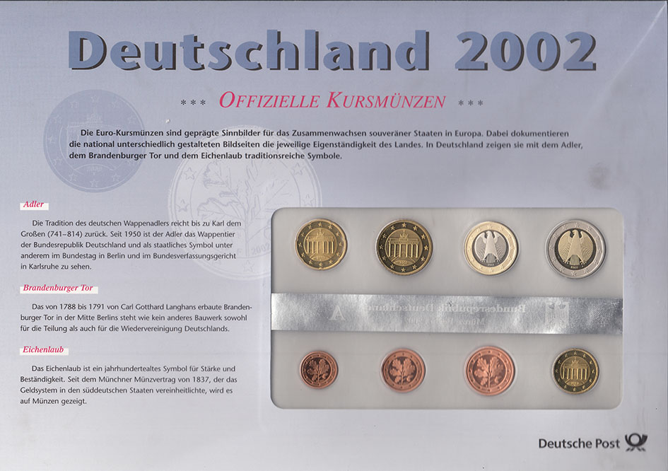 (2002a, 8 монет + марки) Набор монет Германия (ФРГ) 2002 год &quot;Годовой набор&quot;   PROOF Буклет