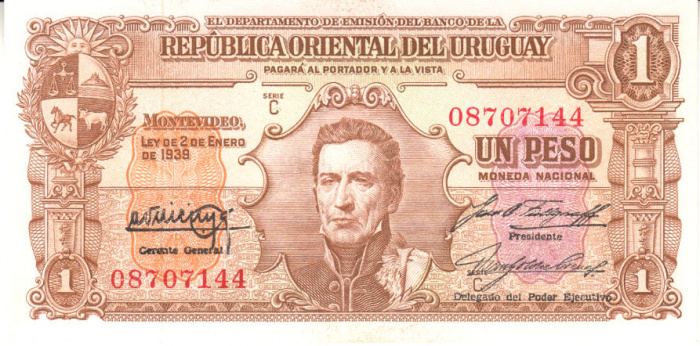 (1939) Банкнота Уругвай 1939 год 1 песо &quot;Хосе Артигас&quot;   UNC