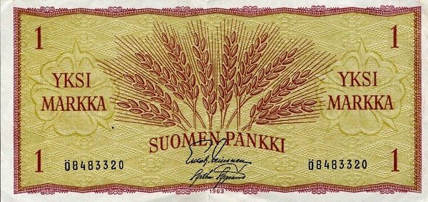 Банкнота Финляндия 1963 год 1 марка Колосья Leinonen - Aspelund  UNC