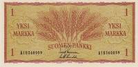 Банкнота Финляндия 1963 год 1 марка Колосья Leinonen - Luukka  UNC