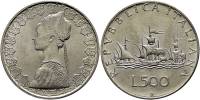 (1966) Монета Италия 1966 год 500 лир "Каравеллы"  Серебро Ag 835  UNC