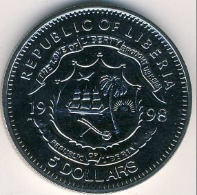 1998 Монета Либерия 5 долларов Титаник  Медь-Никель  PROOF Буклет