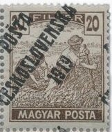 (1919-163) Марка Чехословакия "Жнец (Коричневая)"    Марки Австрии и Венгрии, с черной или синей печ