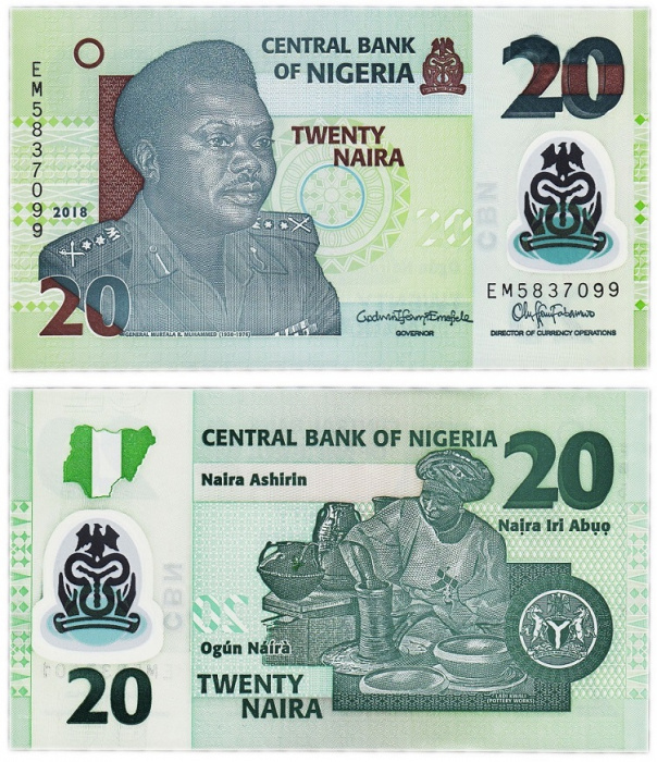 (2018) Банкнота Нигерия 2018 год 20 найра &quot;Муртала Рамат Мухаммед&quot; Пластик  UNC