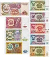 (1994, 9 шт, 1, 5, 10, 20, 50, 100, 200, 500, 1000 рублей) Набор банкот Таджикистан 1994 год    UNC