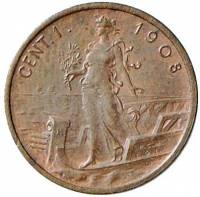 (№1908km40) Монета Италия 1908 год 1 Centesimo (Италиа СУ Прора)