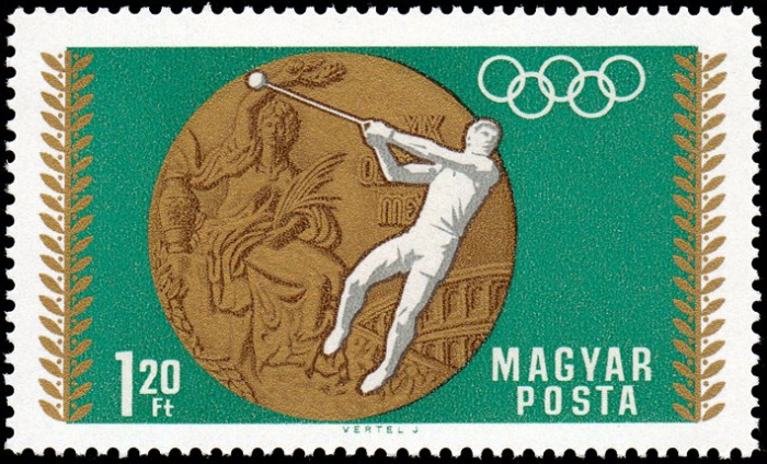 (1969-010) Марка Венгрия &quot;Метание молота&quot;    Медалисты сборной Венгрии на летних олимпийских играх 1