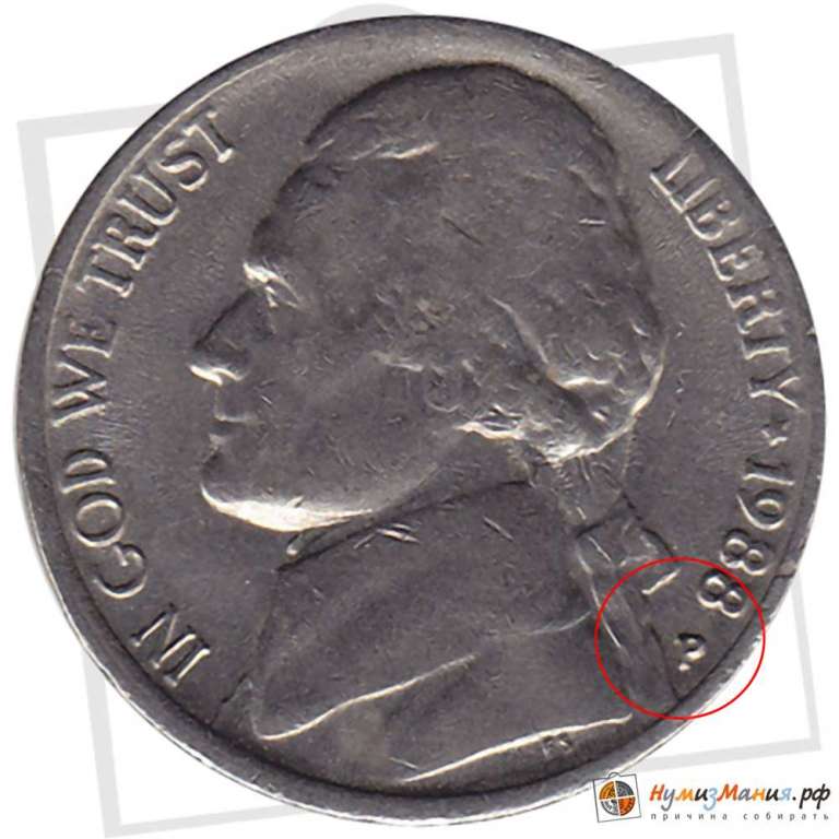(1988p) Монета США 1988 год 5 центов   Томас Джефферсон Медь-Никель  VF