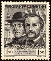 (1948-016) Марка Чехословакия "Ф. Палацкий и Ф. Ригер (Темно-серая)"    100-летие Учредительного соб