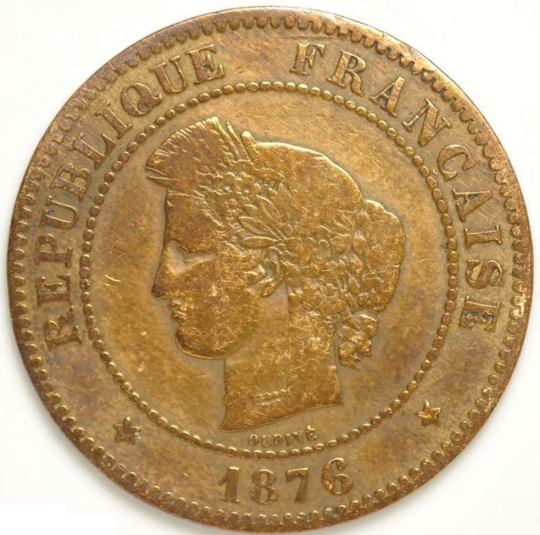 (1876) Монета Франция 1876 год 5 сантимов &quot;Марианна&quot;  Бронза  VF