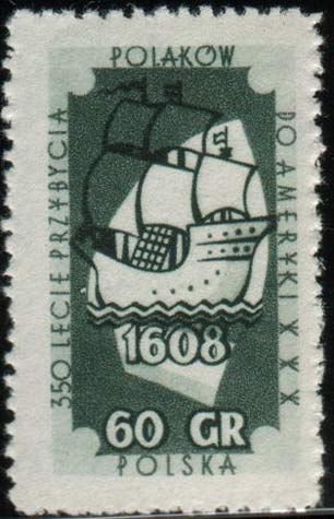 (1958-029) Марка Польша &quot;Эмигрантское судно &quot;   350 лет высадки эмигрантов в Америке III Θ