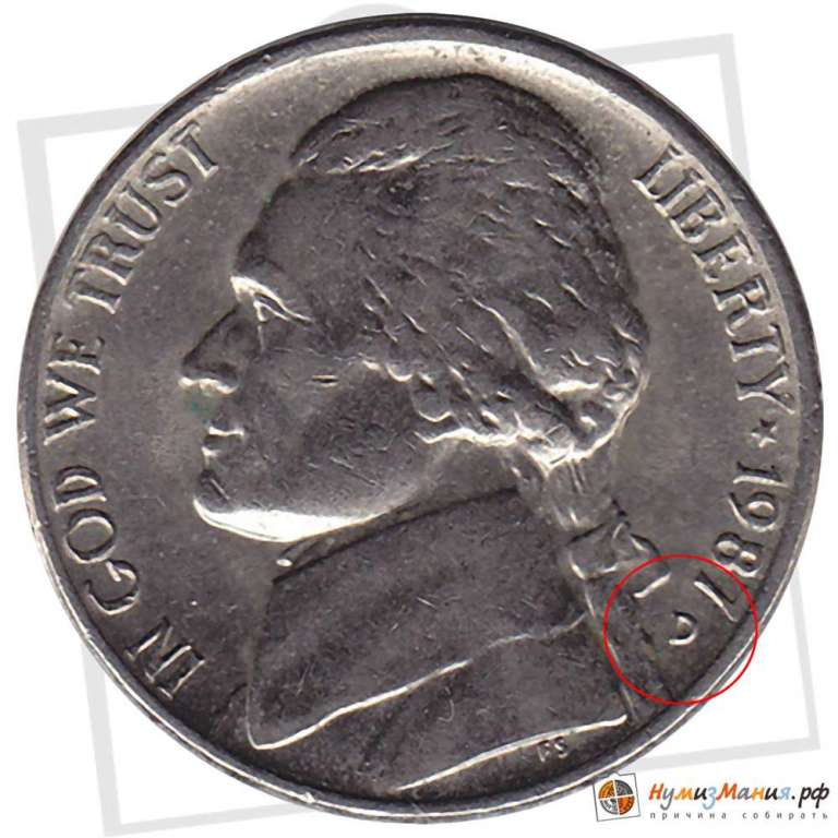 (1987d) Монета США 1987 год 5 центов   Томас Джефферсон Медь-Никель  VF