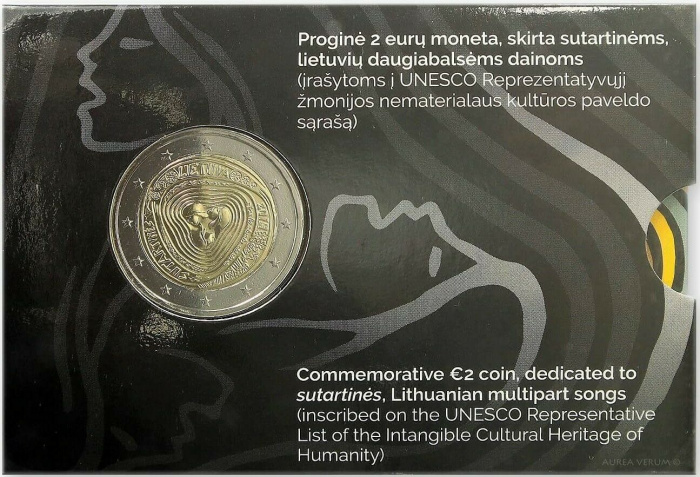 (007) Монета Литва 2019 год 2 евро &quot;Сутартинес - литовские народные песни&quot;  Биметалл  Буклет