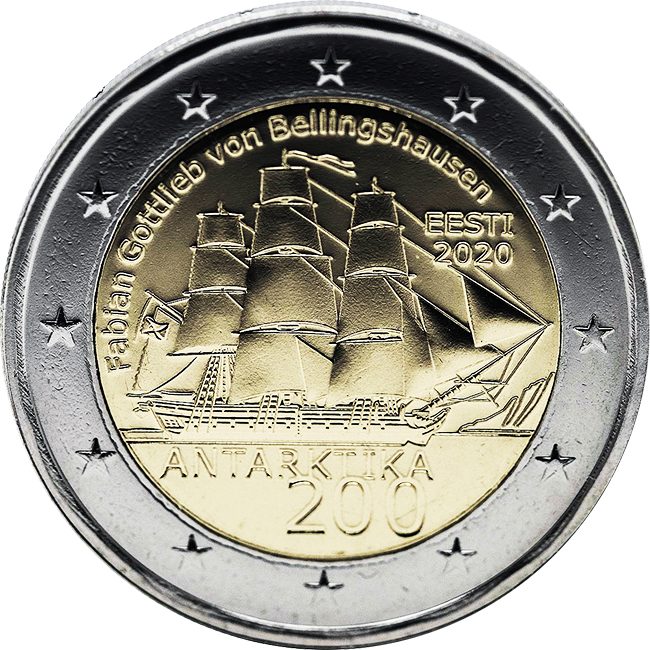 (009) Монета Эстония 2020 год 2 евро &quot;Антарктида. 200 лет открытия&quot;  Биметалл  UNC