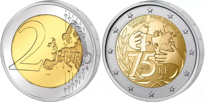 (2021) Монета Франция 2021 год 2 евро &quot;ЮНИСЕФ 75 лет&quot;  Биметалл  UNC