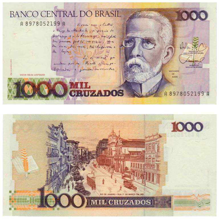 (1987-1988) Банкнота Бразилия 1987-1988 год 1 000 крузадо &quot;Мачадо де Ассис&quot;   UNC