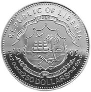 () Монета Либерия 1989 год 250  &quot;&quot;   Биметалл (Платина - Золото)  UNC