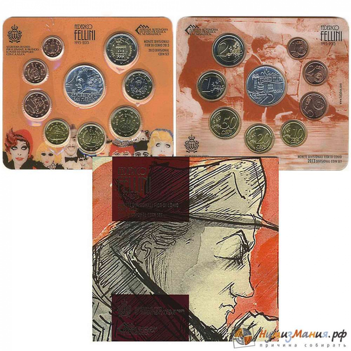 (2013, 9 монет) Набор монет Сан-Марино 2013 год &quot;Федерико Феллини&quot;  Буклет