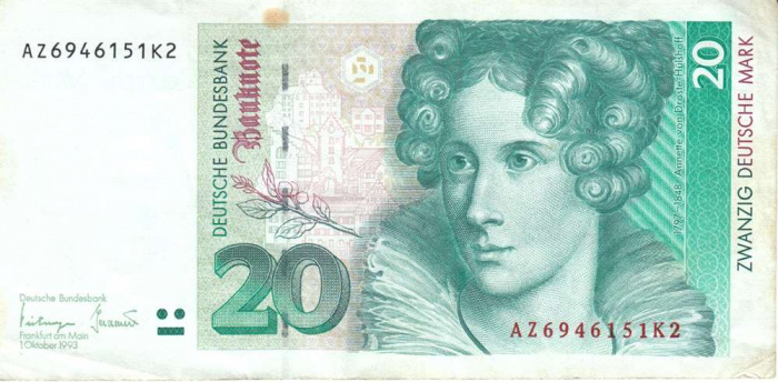(1993) Банкнота Германия (ФРГ) 1993 год 20 марок &quot;Аннетте фон Дросте-Хюльсхофф&quot;   VF