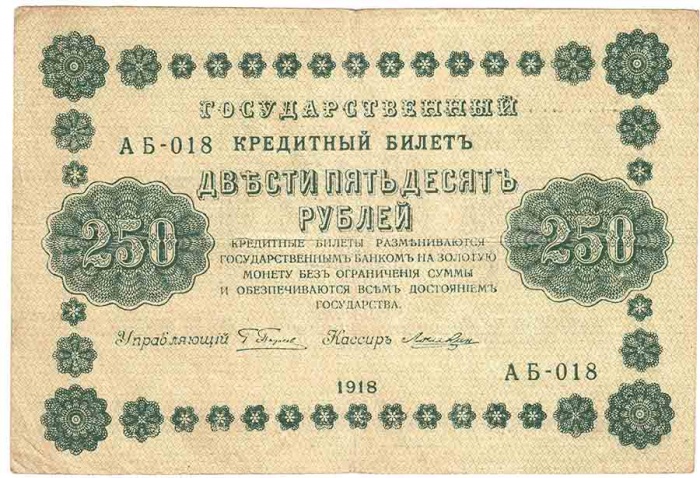 Лошкин Н.К. Банкнота РСФСР 1918 год 250 рублей  Пятаков Г.Л. Обычные Вод. Знаки VF