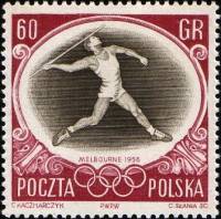 (1956-036) Марка Польша "Метание копья"   XVI Олимпийские игры в Мельбурне II Θ